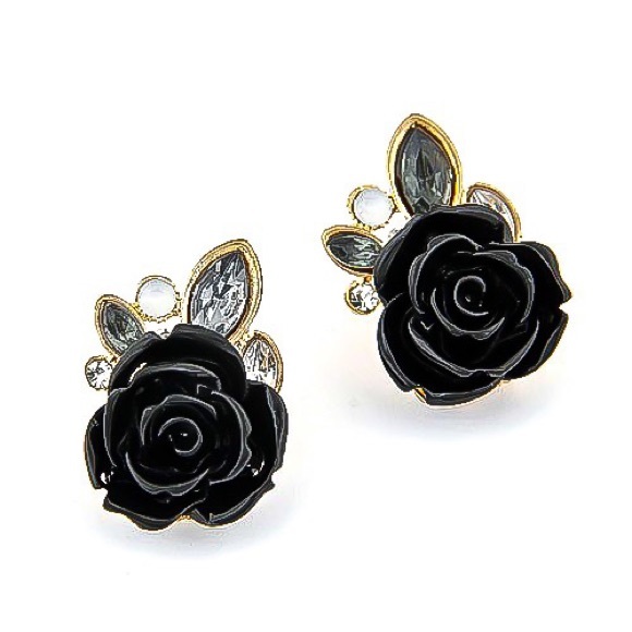 Jewelry - Lacquered Black Rose & Crystal Stud Earrings